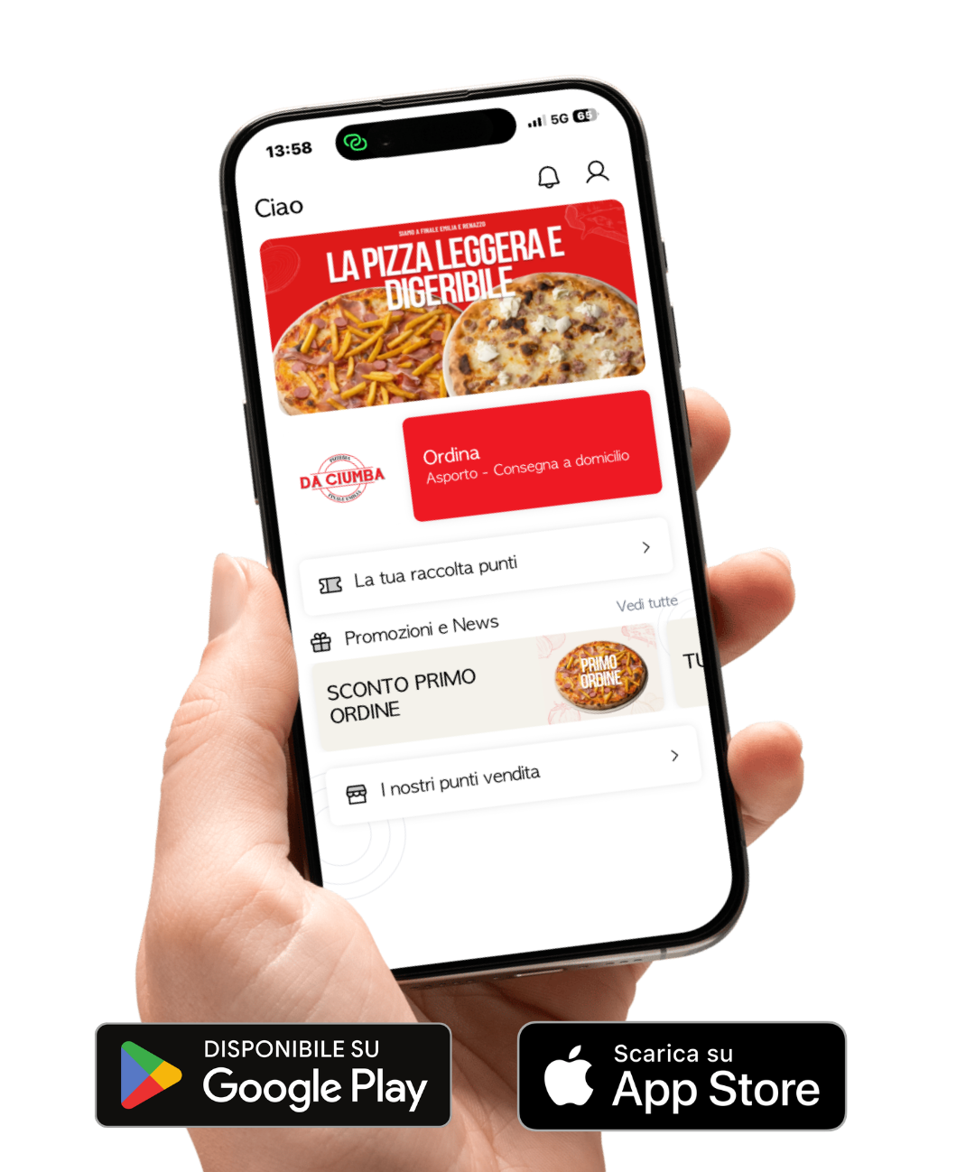 Mockup dell'app Da Ciumba su smartphone - ordina pizza online